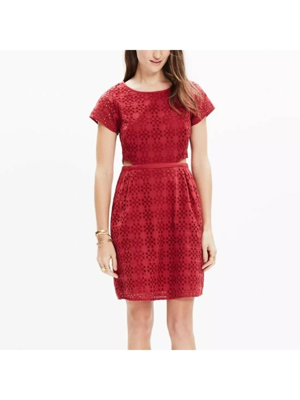 Madewell Size 14 Red Happening Short Sleeve Eyelet Round Neck Cutout Dress